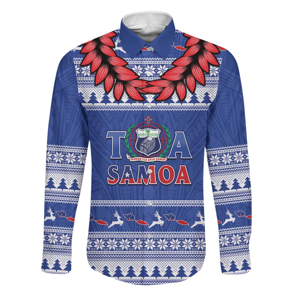 Personalised Toa Samoa Rugby Christmas Family Matching Mermaid Dress and Hawaiian Shirt Ula Fala Samoan Pattern Blue LT14 Dad's Shirt - Long Sleeve Blue - Polynesian Pride