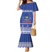 Personalised Toa Samoa Rugby Christmas Family Matching Mermaid Dress and Hawaiian Shirt Ula Fala Samoan Pattern Blue LT14 Mom's Dress Blue - Polynesian Pride