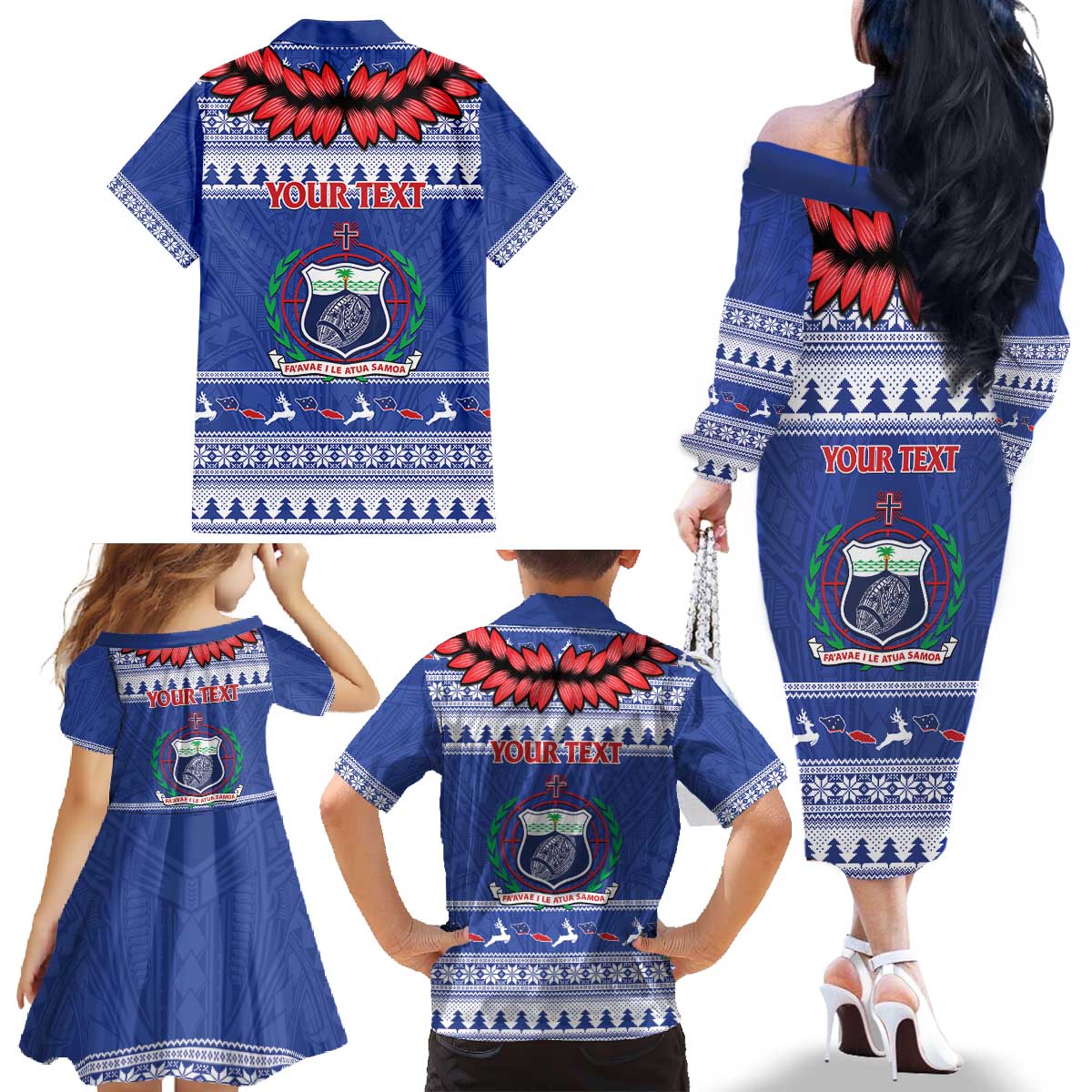 Personalised Toa Samoa Rugby Christmas Family Matching Off The Shoulder Long Sleeve Dress and Hawaiian Shirt Ula Fala Samoan Pattern Blue - Polynesian Pride