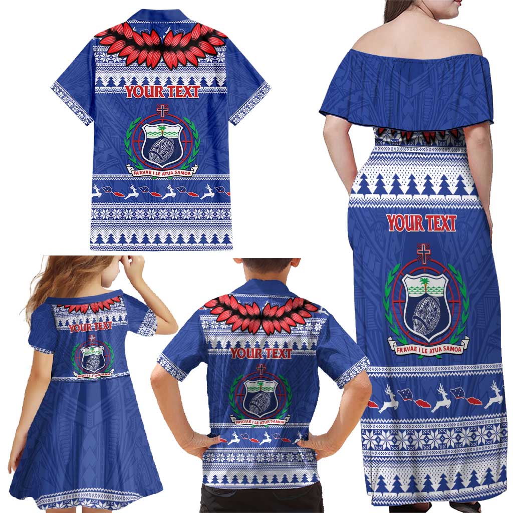 Personalised Toa Samoa Rugby Christmas Family Matching Off Shoulder Maxi Dress and Hawaiian Shirt Ula Fala Samoan Pattern Blue - Polynesian Pride