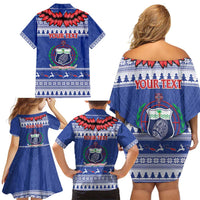 Personalised Toa Samoa Rugby Christmas Family Matching Off Shoulder Short Dress and Hawaiian Shirt Ula Fala Samoan Pattern Blue - Polynesian Pride