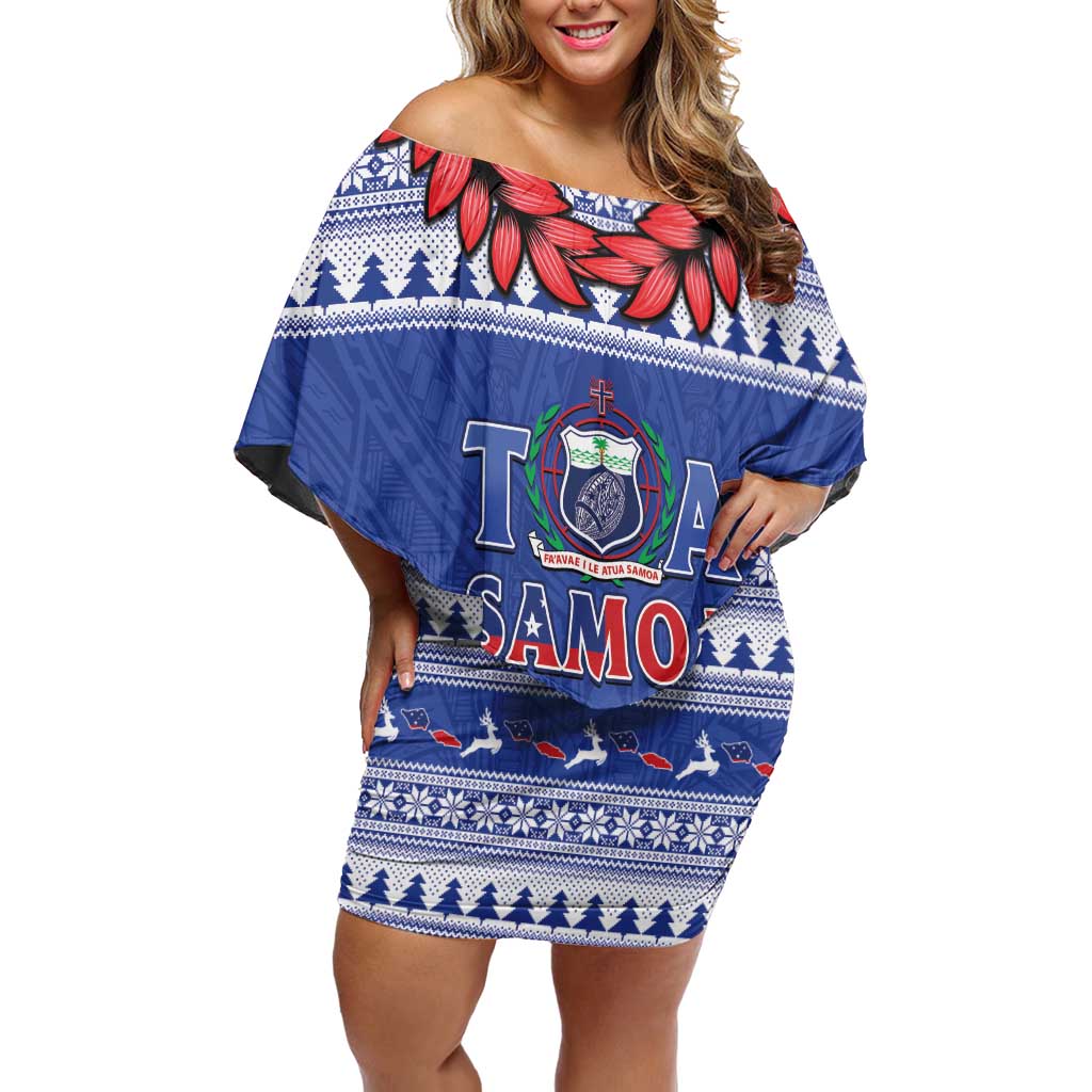 Personalised Toa Samoa Rugby Christmas Family Matching Off Shoulder Short Dress and Hawaiian Shirt Ula Fala Samoan Pattern Blue - Polynesian Pride