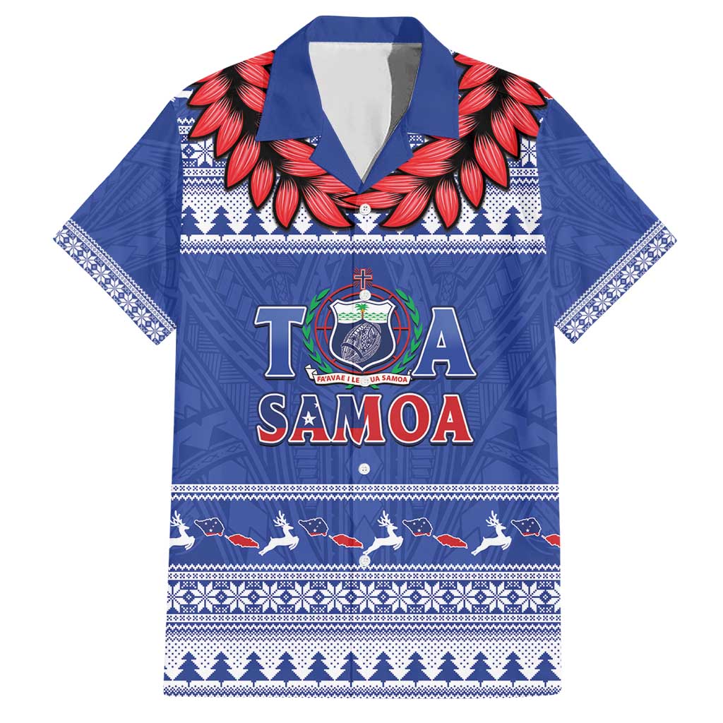 Personalised Toa Samoa Rugby Christmas Family Matching Short Sleeve Bodycon Dress and Hawaiian Shirt Ula Fala Samoan Pattern Blue - Polynesian Pride