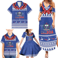 Personalised Toa Samoa Rugby Christmas Family Matching Summer Maxi Dress and Hawaiian Shirt Ula Fala Samoan Pattern Blue - Polynesian Pride