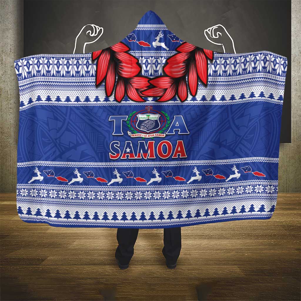 Toa Samoa Rugby Christmas Hooded Blanket Ula Fala Samoan Pattern Blue - Polynesian Pride