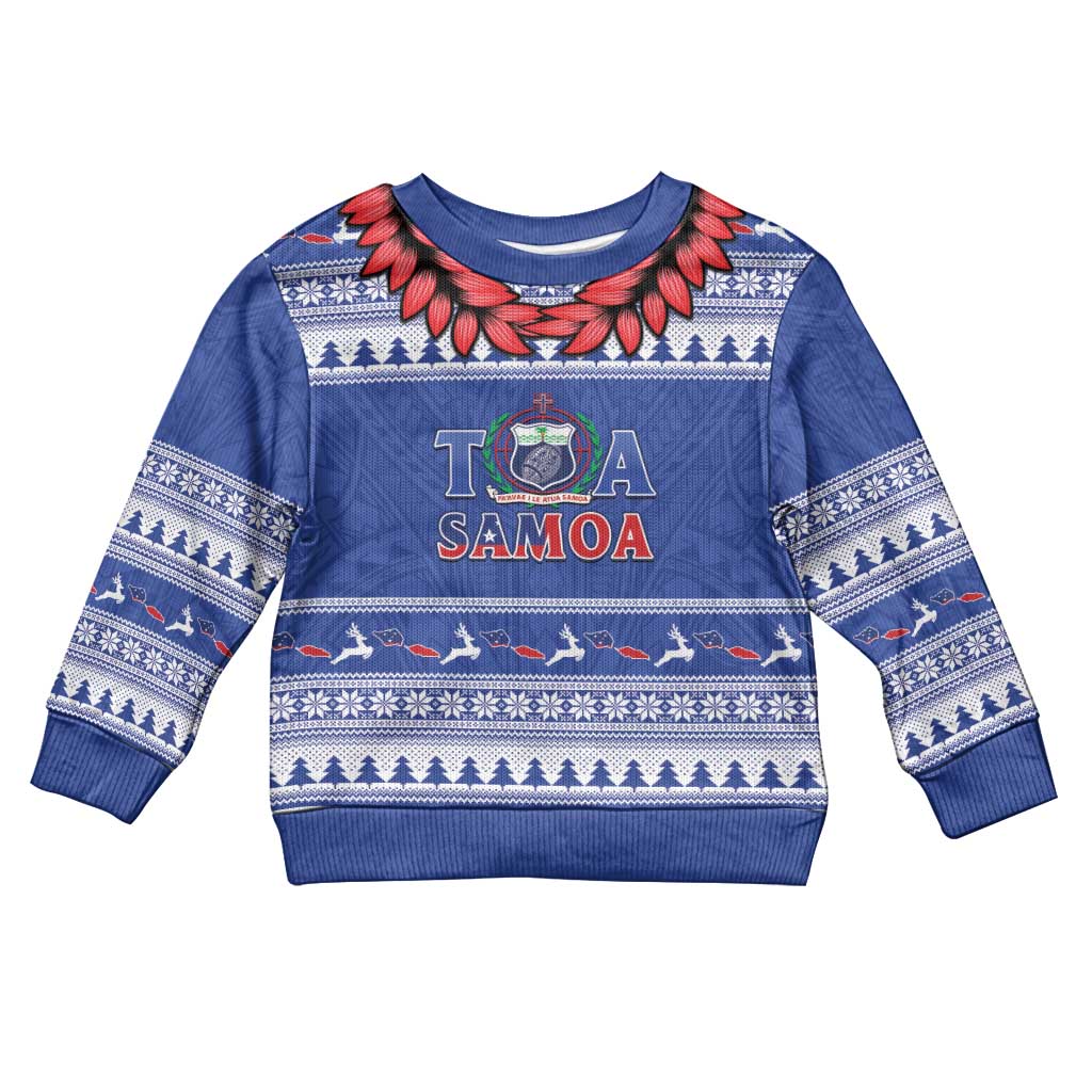 Personalised Toa Samoa Rugby Christmas Kid Ugly Christmas Sweater Ula Fala Samoan Pattern Blue - Polynesian Pride