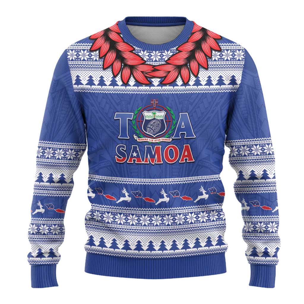 Personalised Toa Samoa Rugby Christmas Ugly Christmas Sweater Ula Fala Samoan Pattern Blue - Polynesian Pride