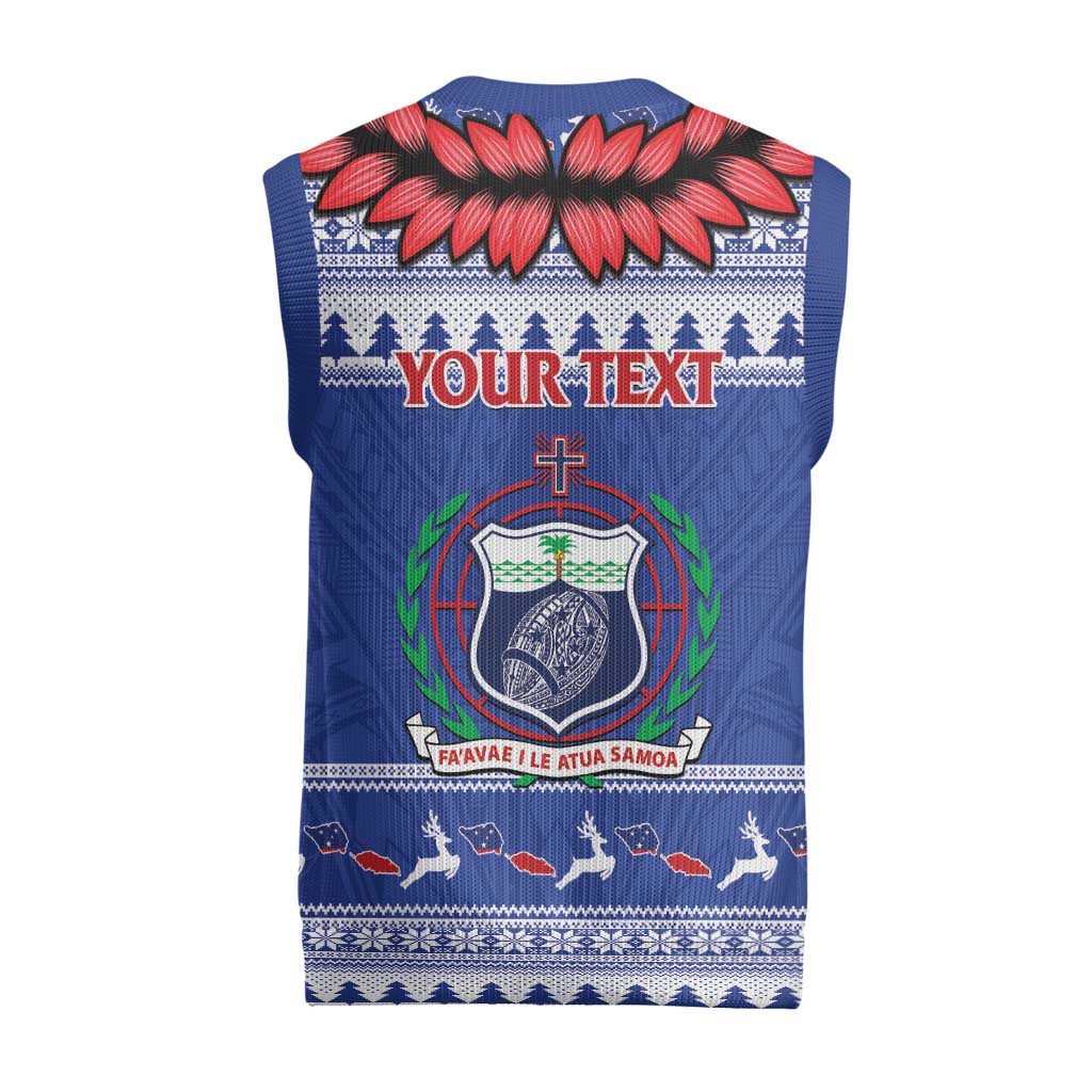 Personalised Toa Samoa Rugby Christmas Knitted V-Neck Vest Ula Fala Samoan Pattern Blue - Polynesian Pride