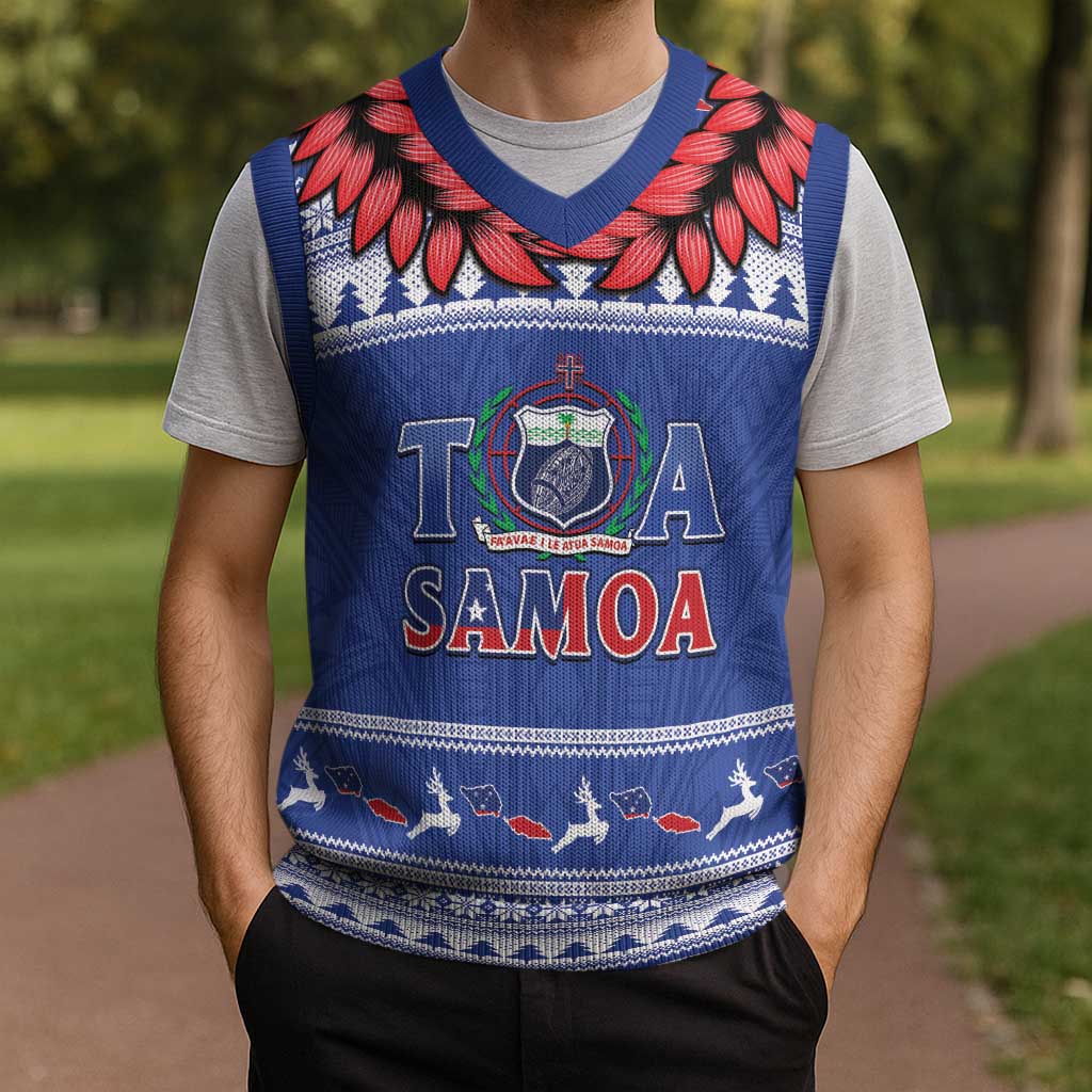 Personalised Toa Samoa Rugby Christmas Knitted V-Neck Vest Ula Fala Samoan Pattern Blue - Polynesian Pride