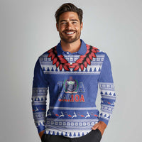 Personalised Toa Samoa Rugby Christmas Long Sleeve Polo Shirt Ula Fala Samoan Pattern Blue - Polynesian Pride