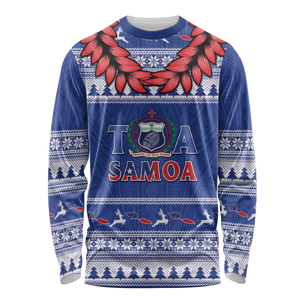 Personalised Toa Samoa Rugby Christmas Long Sleeve Shirt Ula Fala Samoan Pattern Blue - Polynesian Pride