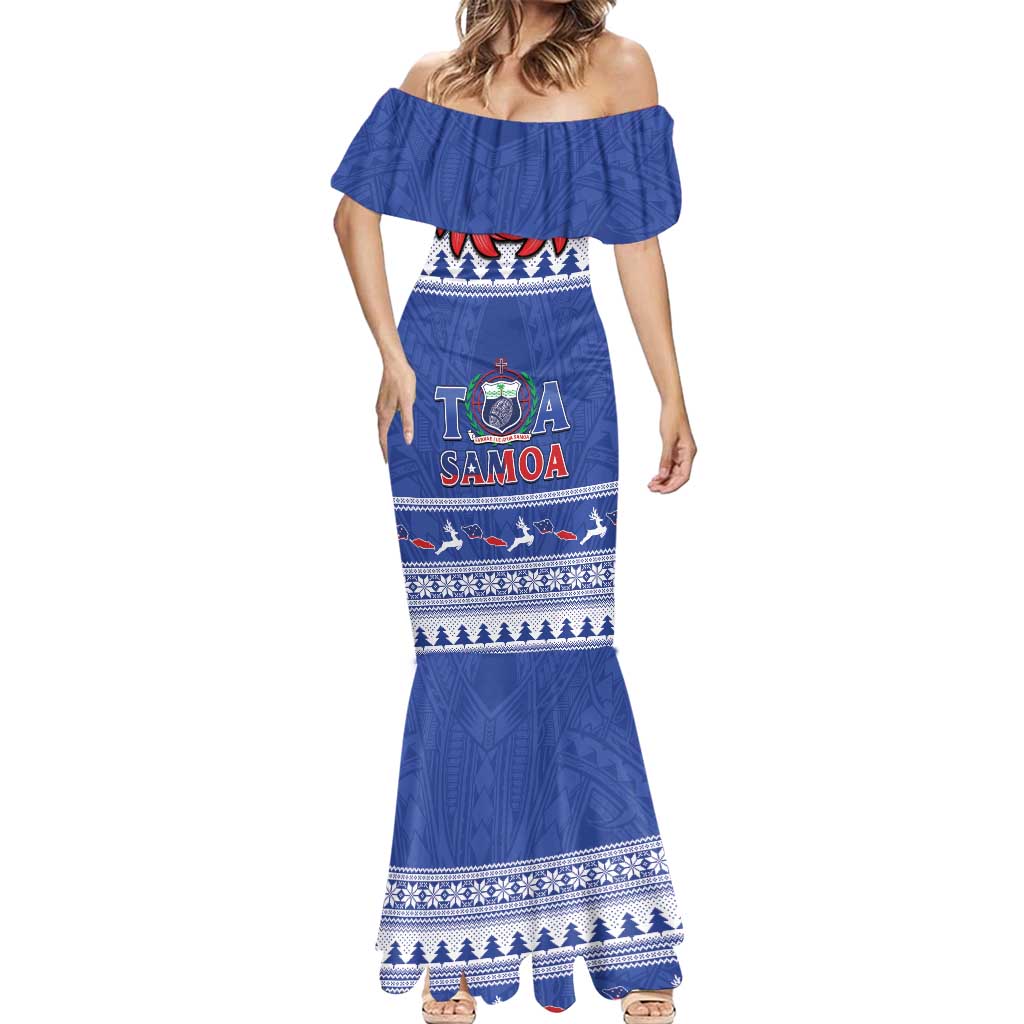 Personalised Toa Samoa Rugby Christmas Mermaid Dress Ula Fala Samoan Pattern Blue - Polynesian Pride