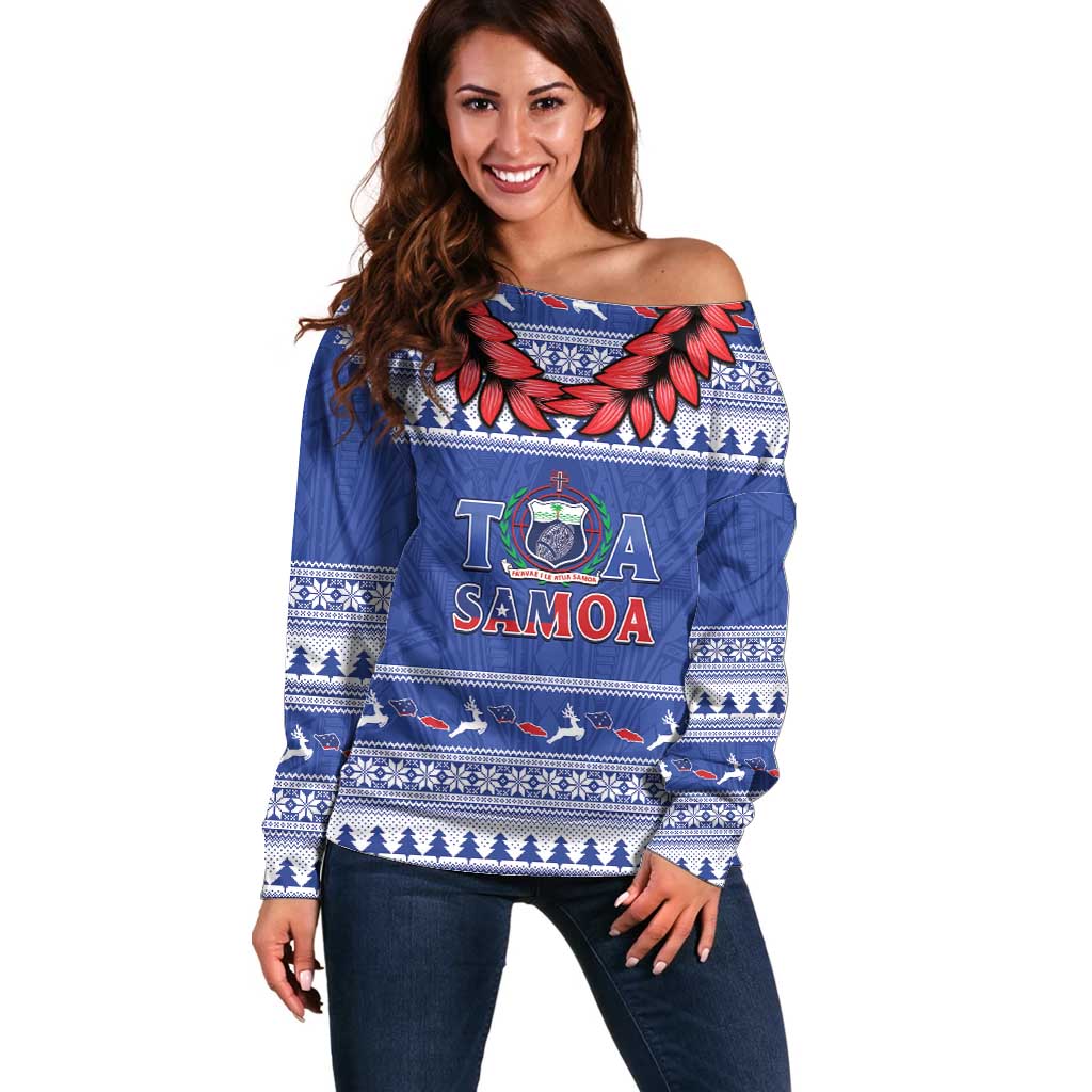 Personalised Toa Samoa Rugby Christmas Off Shoulder Sweater Ula Fala Samoan Pattern Blue - Polynesian Pride