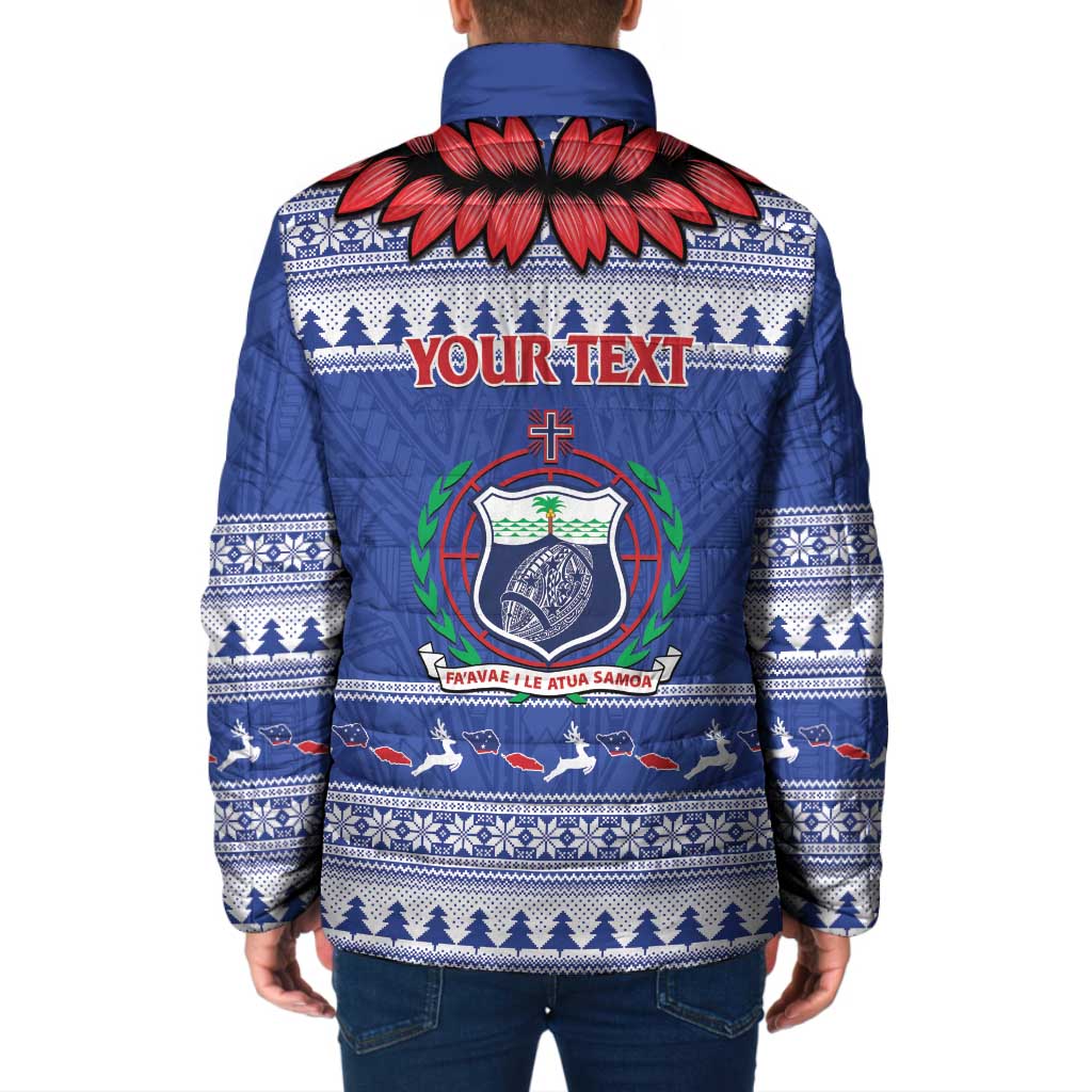 Personalised Toa Samoa Rugby Christmas Padded Jacket Ula Fala Samoan Pattern Blue - Polynesian Pride