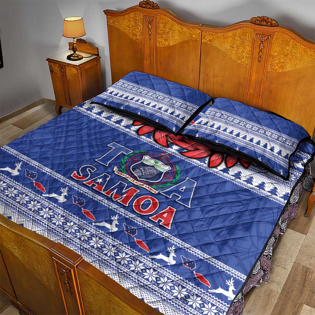 Toa Samoa Rugby Christmas Quilt Bed Set Ula Fala Samoan Pattern Blue - Polynesian Pride