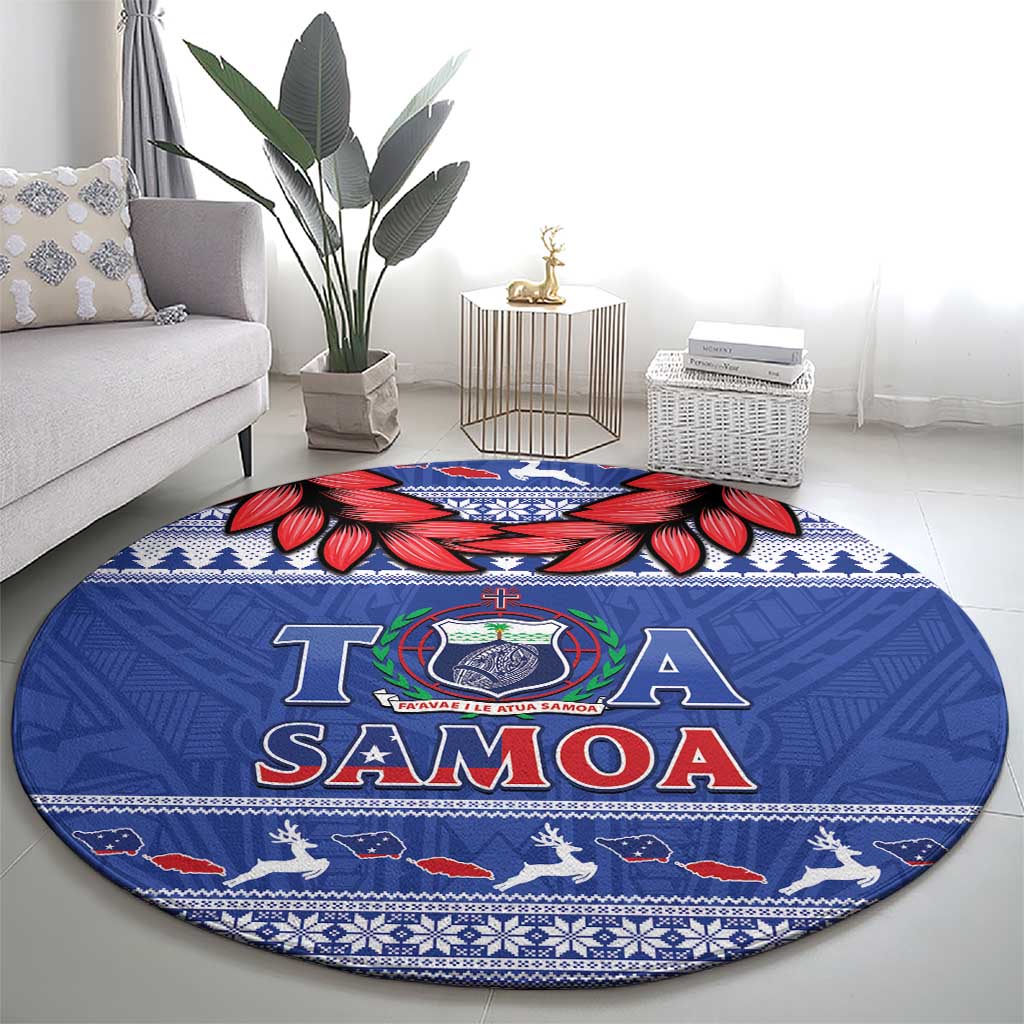 Toa Samoa Rugby Christmas Round Carpet Ula Fala Samoan Pattern Blue - Polynesian Pride
