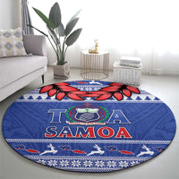 Toa Samoa Rugby Christmas Round Carpet Ula Fala Samoan Pattern Blue - Polynesian Pride
