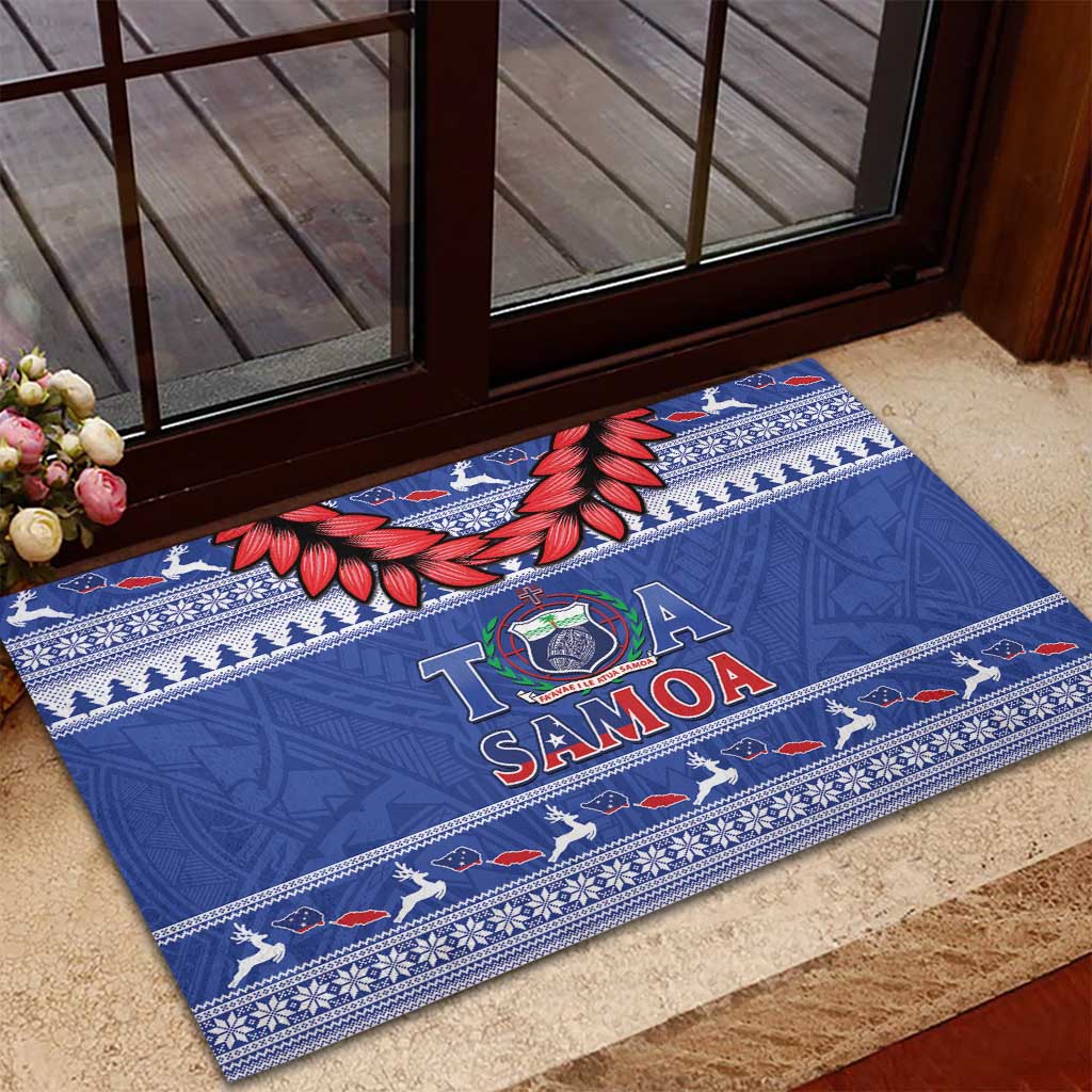 Toa Samoa Rugby Christmas Rubber Doormat Ula Fala Samoan Pattern Blue - Polynesian Pride