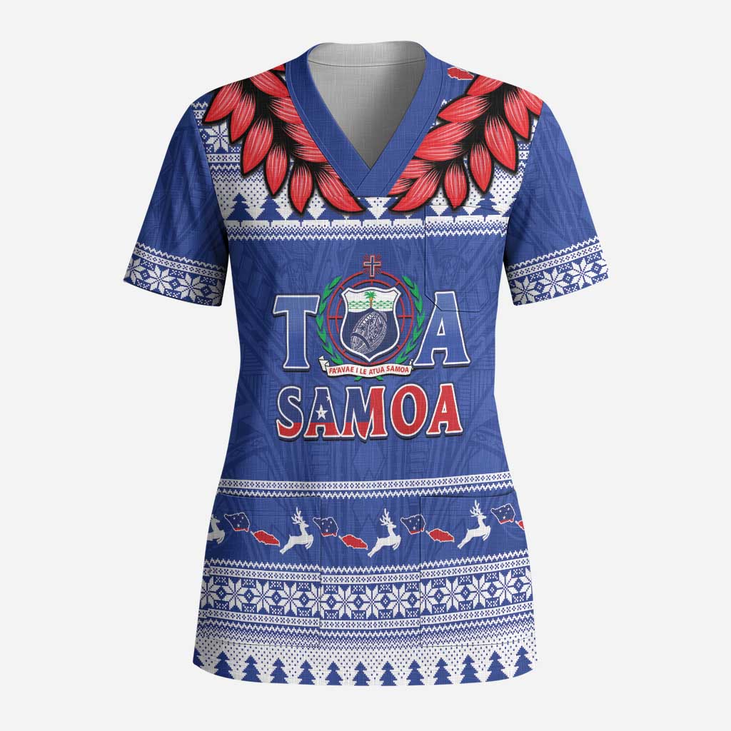 Personalised Toa Samoa Rugby Christmas Scrub Top Ula Fala Samoan Pattern Blue - Polynesian Pride