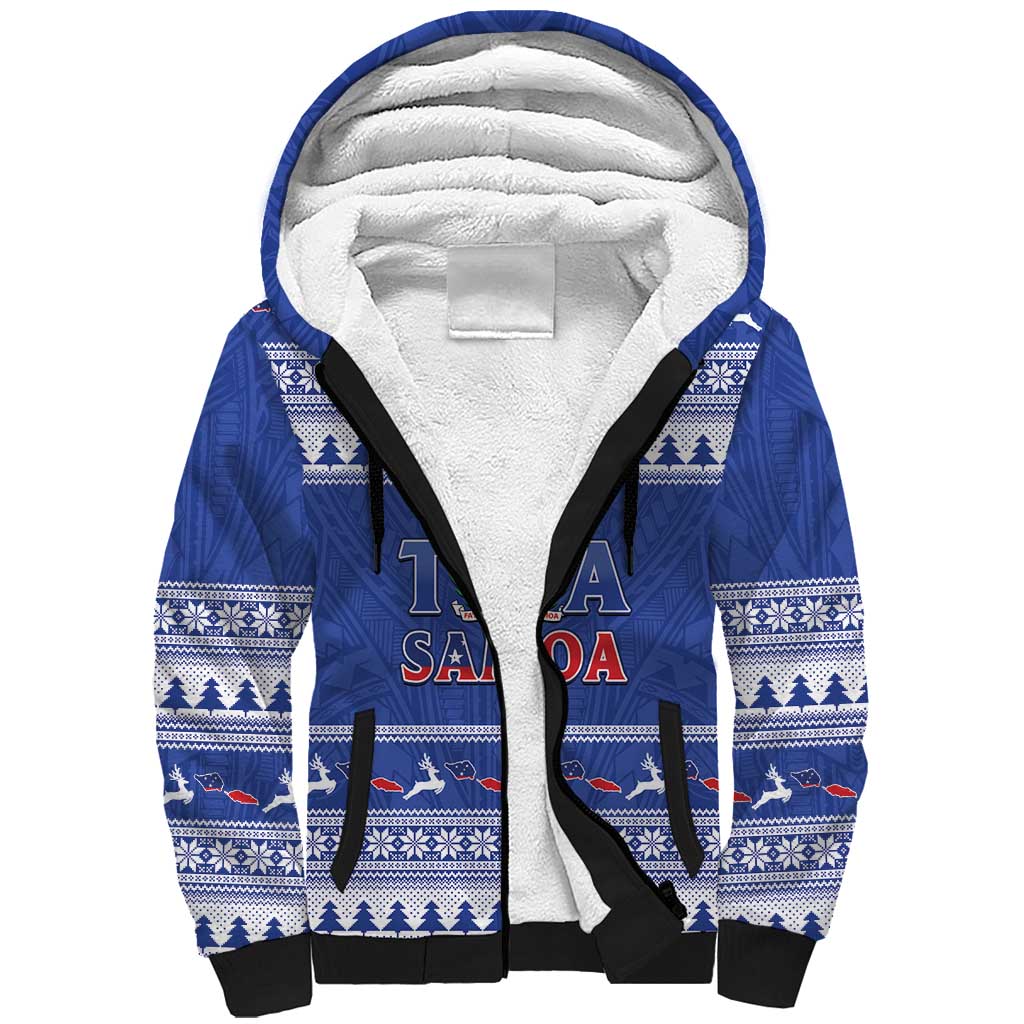 Personalised Toa Samoa Rugby Christmas Sherpa Hoodie Ula Fala Samoan Pattern Blue - Polynesian Pride