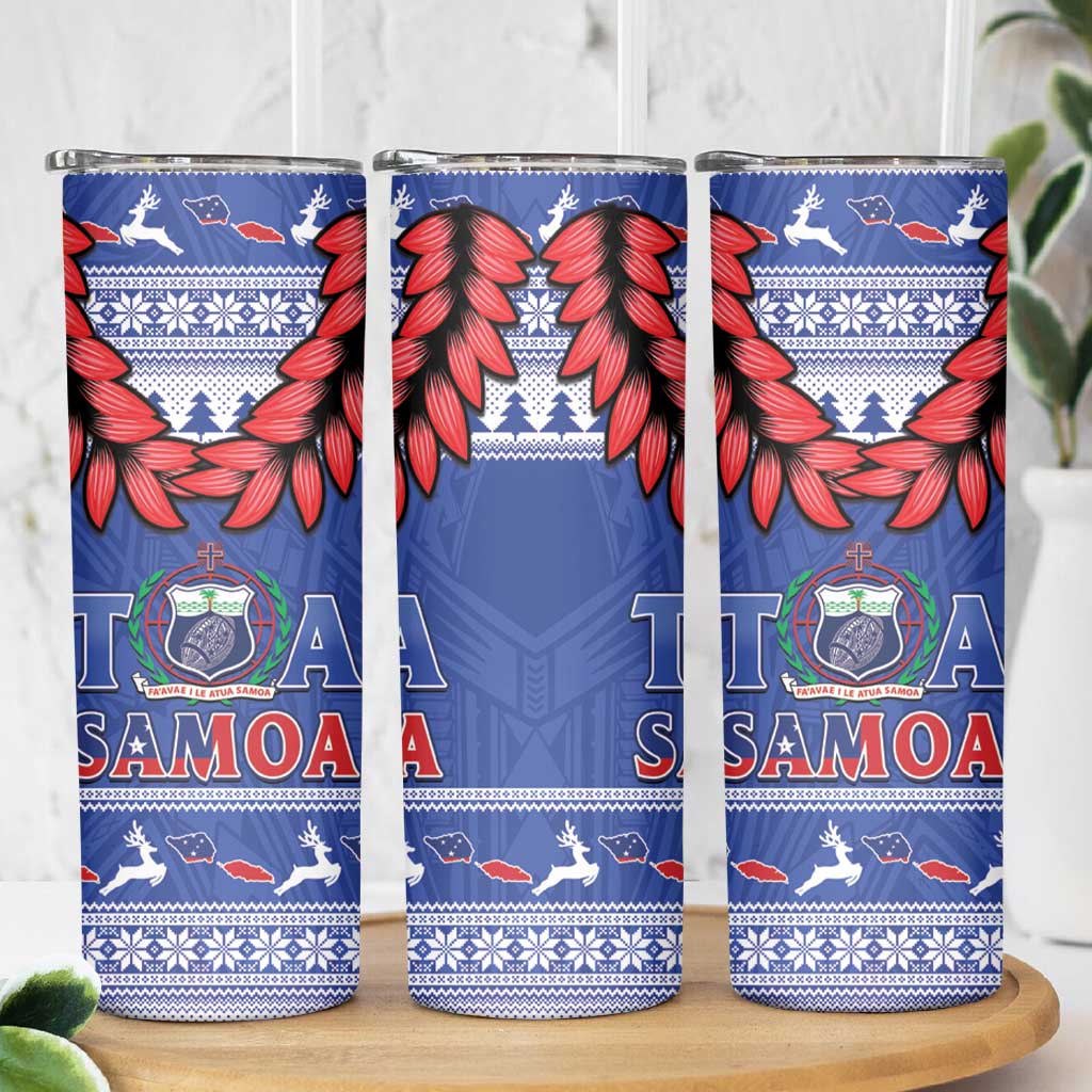 Toa Samoa Rugby Christmas Skinny Tumbler Ula Fala Samoan Pattern Blue - Polynesian Pride