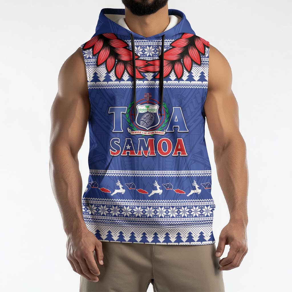 Personalised Toa Samoa Rugby Christmas Sleeveless Hoodie Ula Fala Samoan Pattern Blue - Polynesian Pride