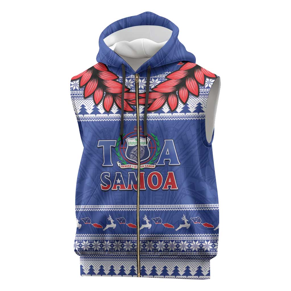 Personalised Toa Samoa Rugby Christmas Sleeveless Zip Hoodie Ula Fala Samoan Pattern Blue - Polynesian Pride