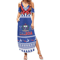 Personalised Toa Samoa Rugby Christmas Summer Maxi Dress Ula Fala Samoan Pattern Blue - Polynesian Pride