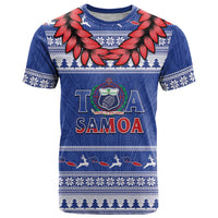 Personalised Toa Samoa Rugby Christmas T Shirt Ula Fala Samoan Pattern Blue - Polynesian Pride