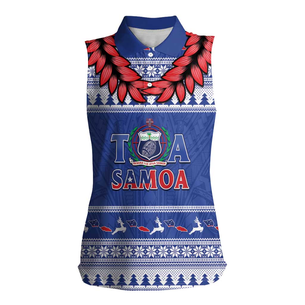 Personalised Toa Samoa Rugby Christmas Women Sleeveless Polo Shirt Ula Fala Samoan Pattern Blue - Polynesian Pride