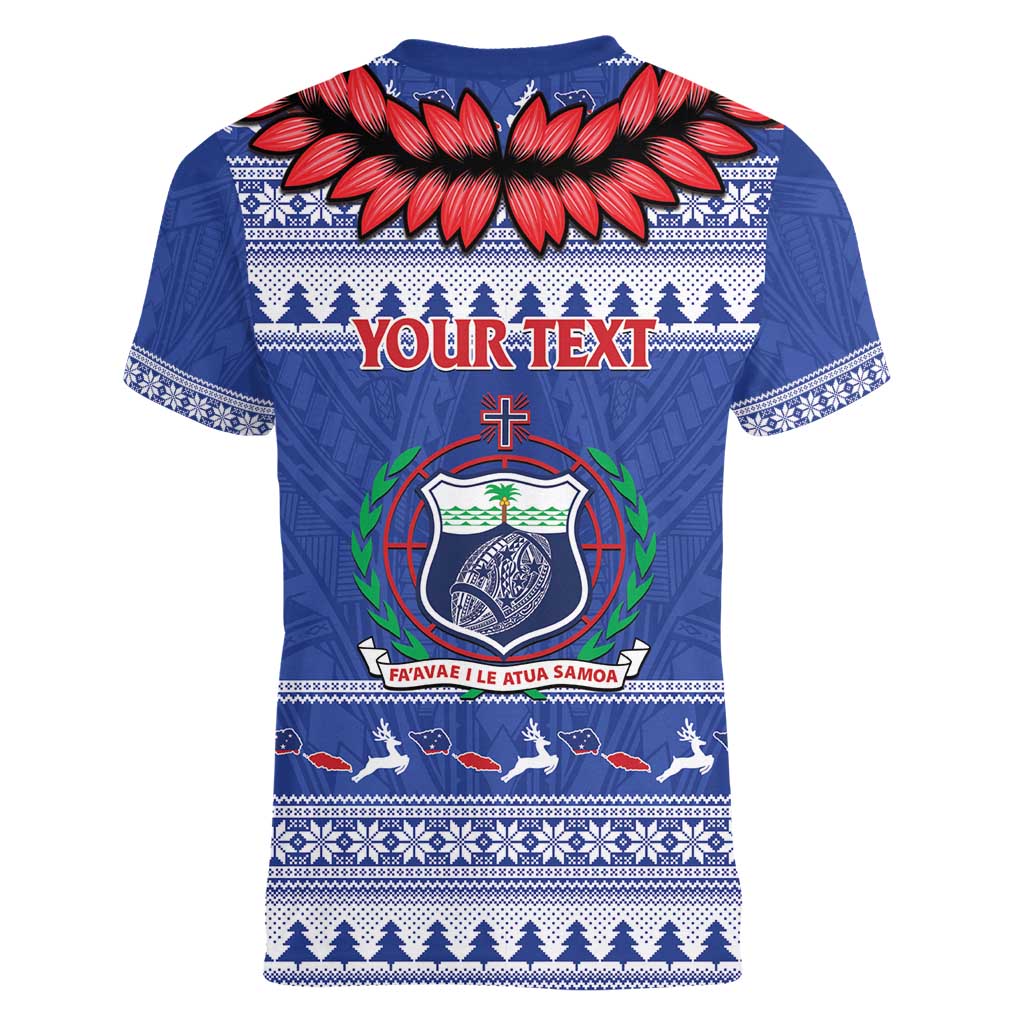 Personalised Toa Samoa Rugby Christmas Women V-Neck T-Shirt Ula Fala Samoan Pattern Blue - Polynesian Pride