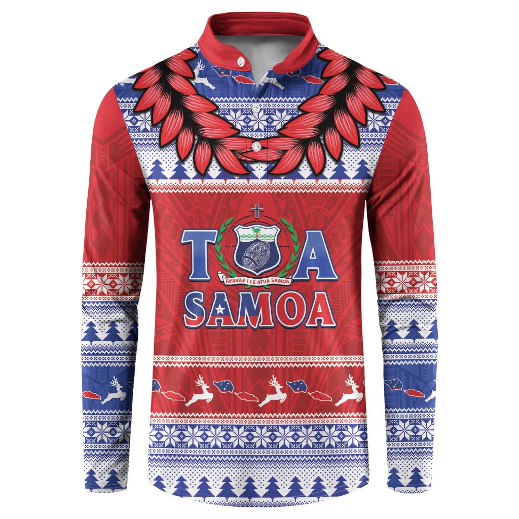 Personalised Toa Samoa Rugby Christmas Button Sweatshirt Ula Fala Samoan Pattern Red - Polynesian Pride