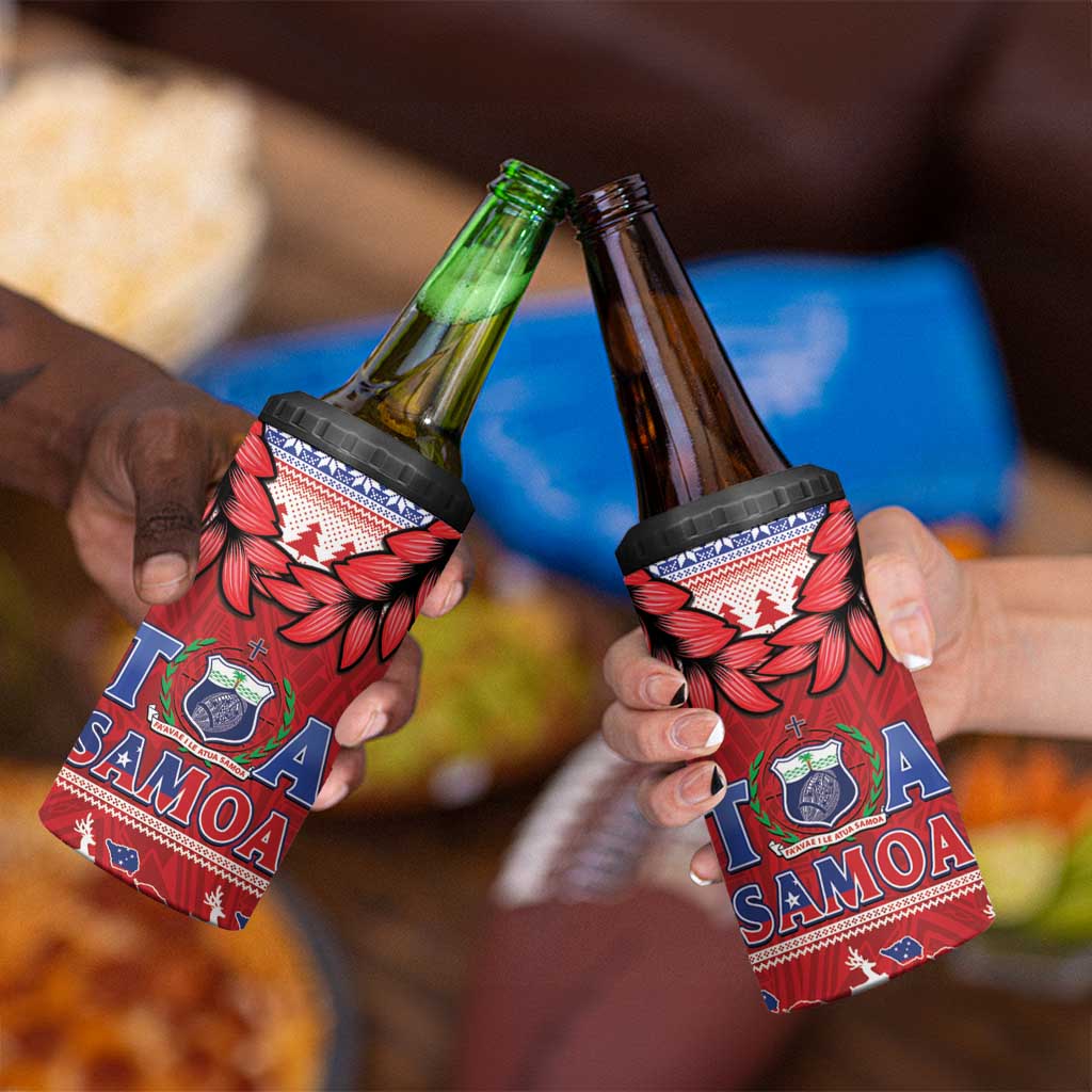 Toa Samoa Rugby Christmas 4 in 1 Can Cooler Tumbler Ula Fala Samoan Pattern Red - Polynesian Pride