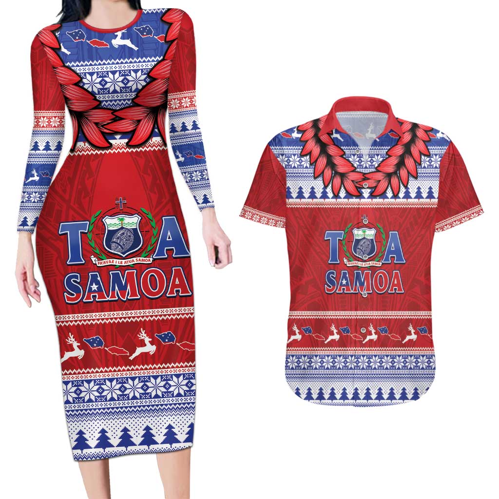 Personalised Toa Samoa Rugby Christmas Couples Matching Long Sleeve Bodycon Dress and Hawaiian Shirt Ula Fala Samoan Pattern Red - Polynesian Pride