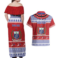 Personalised Toa Samoa Rugby Christmas Couples Matching Off Shoulder Maxi Dress and Hawaiian Shirt Ula Fala Samoan Pattern Red - Polynesian Pride