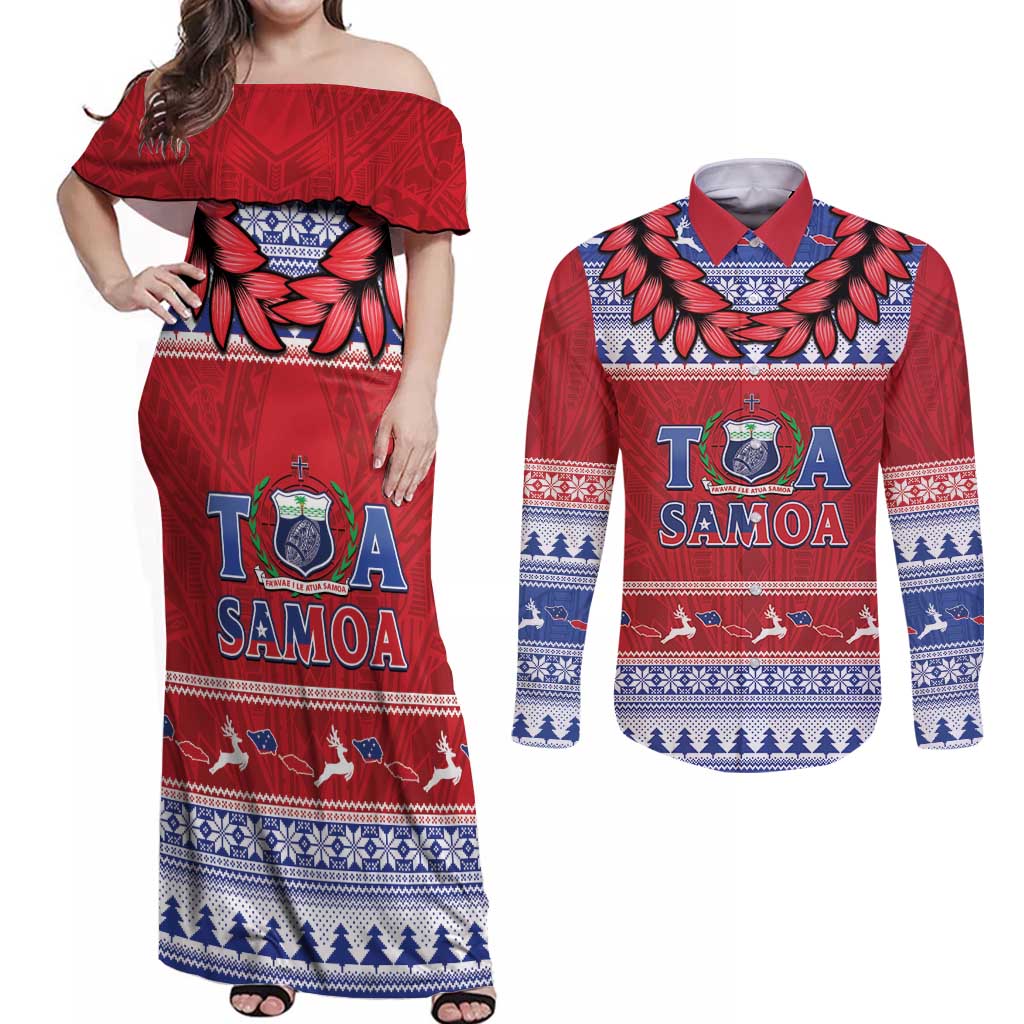 Personalised Toa Samoa Rugby Christmas Couples Matching Off Shoulder Maxi Dress and Long Sleeve Button Shirt Ula Fala Samoan Pattern Red - Polynesian Pride