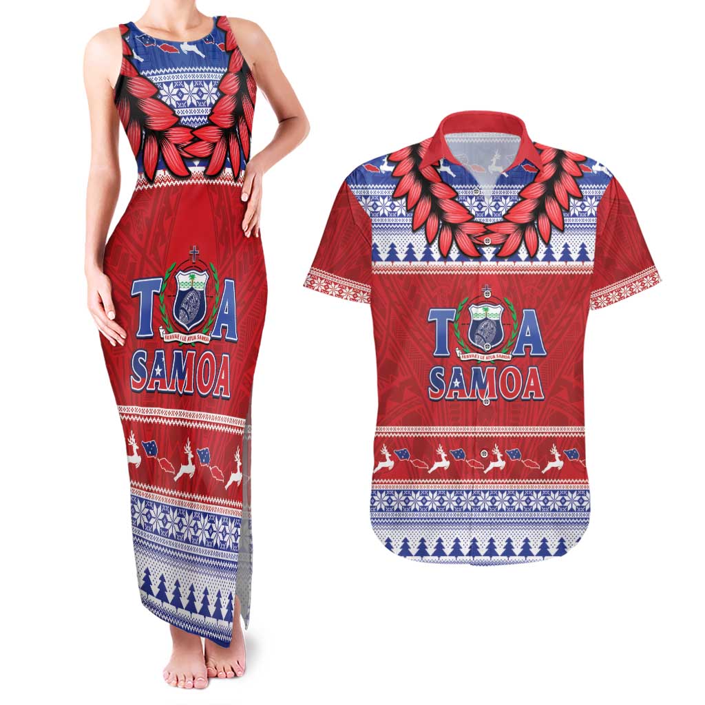 Personalised Toa Samoa Rugby Christmas Couples Matching Tank Maxi Dress and Hawaiian Shirt Ula Fala Samoan Pattern Red - Polynesian Pride