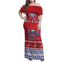 Personalised Toa Samoa Rugby Christmas Family Matching Off Shoulder Maxi Dress and Hawaiian Shirt Ula Fala Samoan Pattern Red - Polynesian Pride