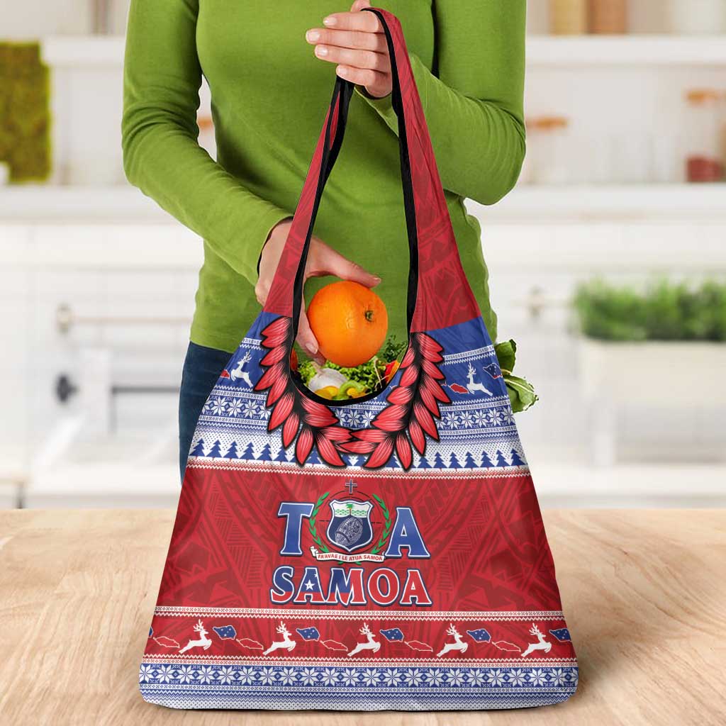 Toa Samoa Rugby Christmas Grocery Bag Ula Fala Samoan Pattern Red - Polynesian Pride