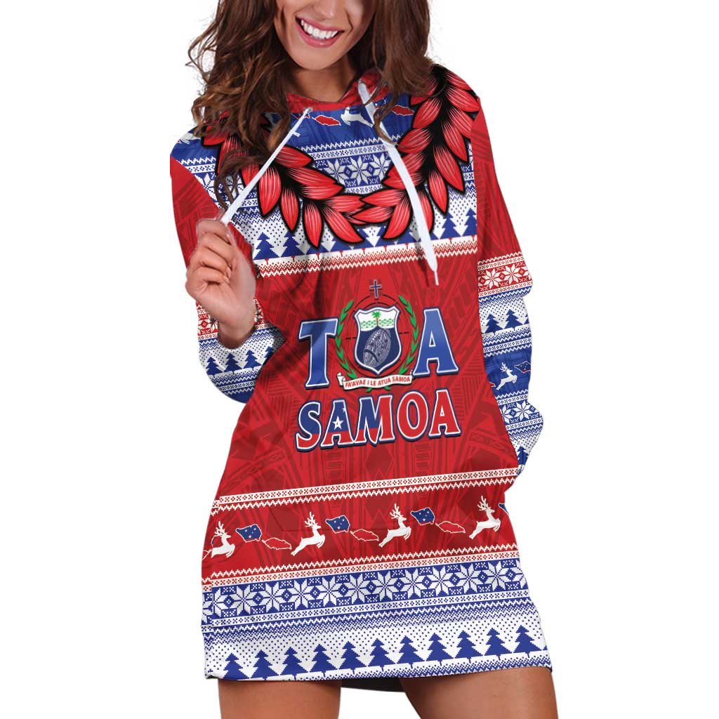 Personalised Toa Samoa Rugby Christmas Hoodie Dress Ula Fala Samoan Pattern Red - Polynesian Pride