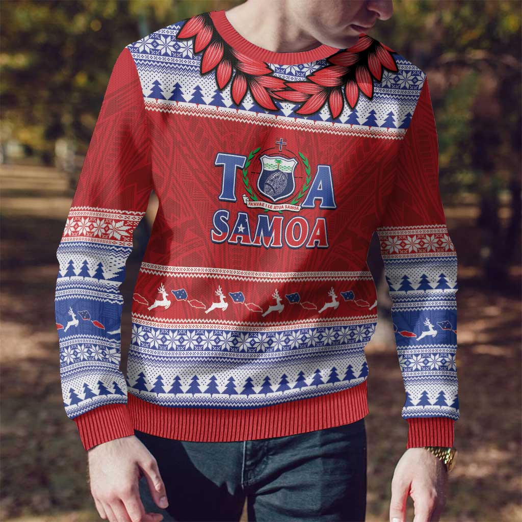 Personalised Toa Samoa Rugby Christmas Ugly Christmas Sweater Ula Fala Samoan Pattern Red - Polynesian Pride