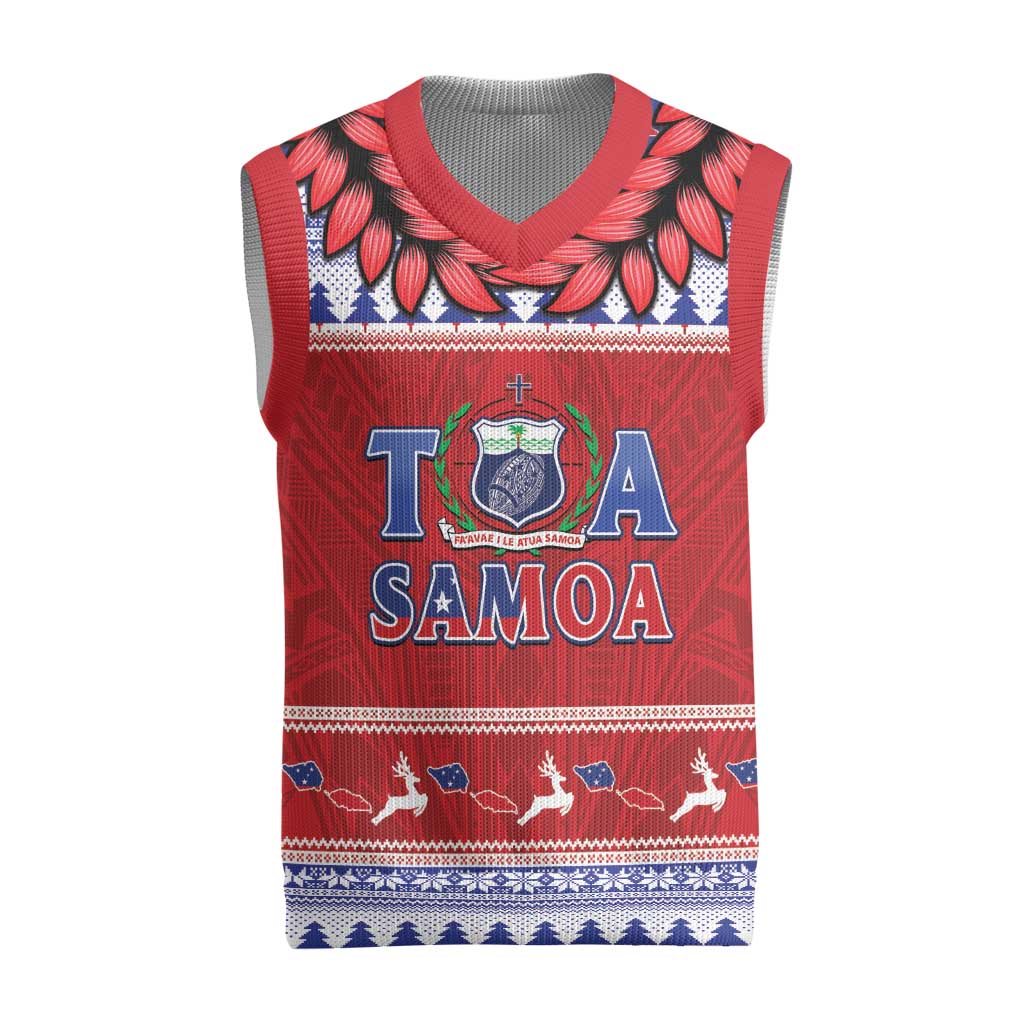 Personalised Toa Samoa Rugby Christmas Knitted V-Neck Vest Ula Fala Samoan Pattern Red - Polynesian Pride