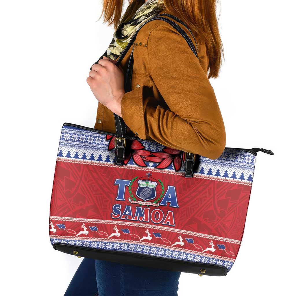 Toa Samoa Rugby Christmas Leather Tote Bag Ula Fala Samoan Pattern Red - Polynesian Pride