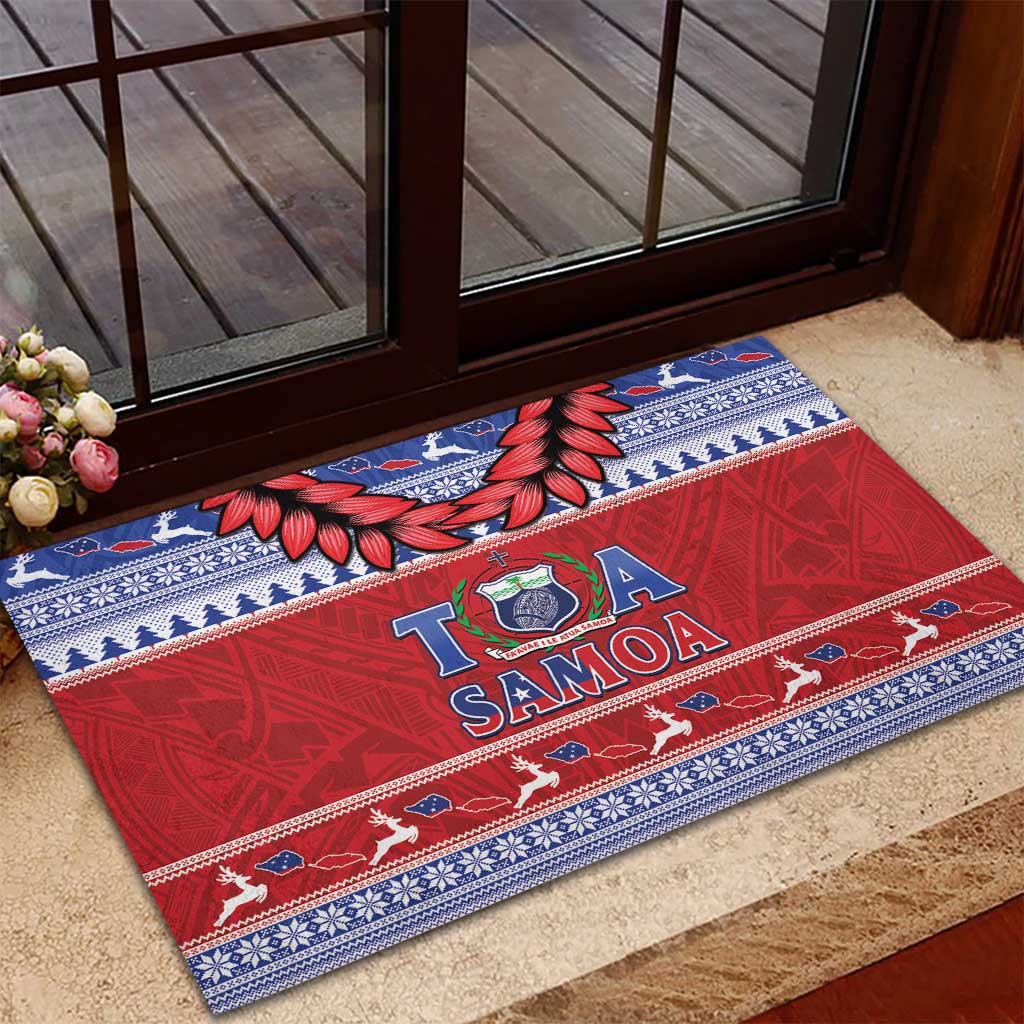 Toa Samoa Rugby Christmas Rubber Doormat Ula Fala Samoan Pattern Red - Polynesian Pride