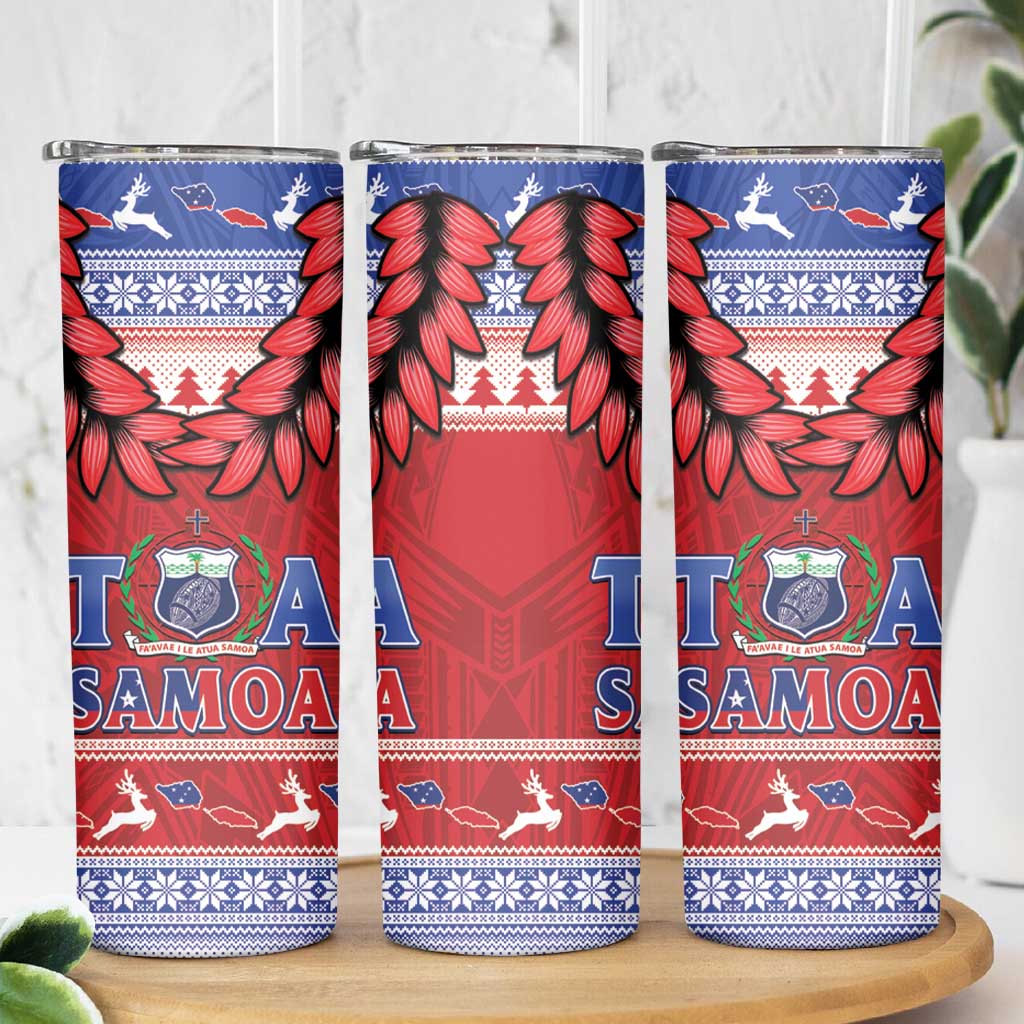 Toa Samoa Rugby Christmas Skinny Tumbler Ula Fala Samoan Pattern Red - Polynesian Pride
