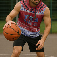 Personalised Toa Samoa Rugby Christmas Sleeveless Hoodie Ula Fala Samoan Pattern Red - Polynesian Pride