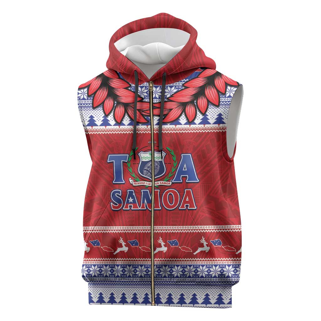 Personalised Toa Samoa Rugby Christmas Sleeveless Zip Hoodie Ula Fala Samoan Pattern Red - Polynesian Pride