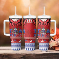 Toa Samoa Rugby Christmas Tumbler With Handle Ula Fala Samoan Pattern Red - Polynesian Pride