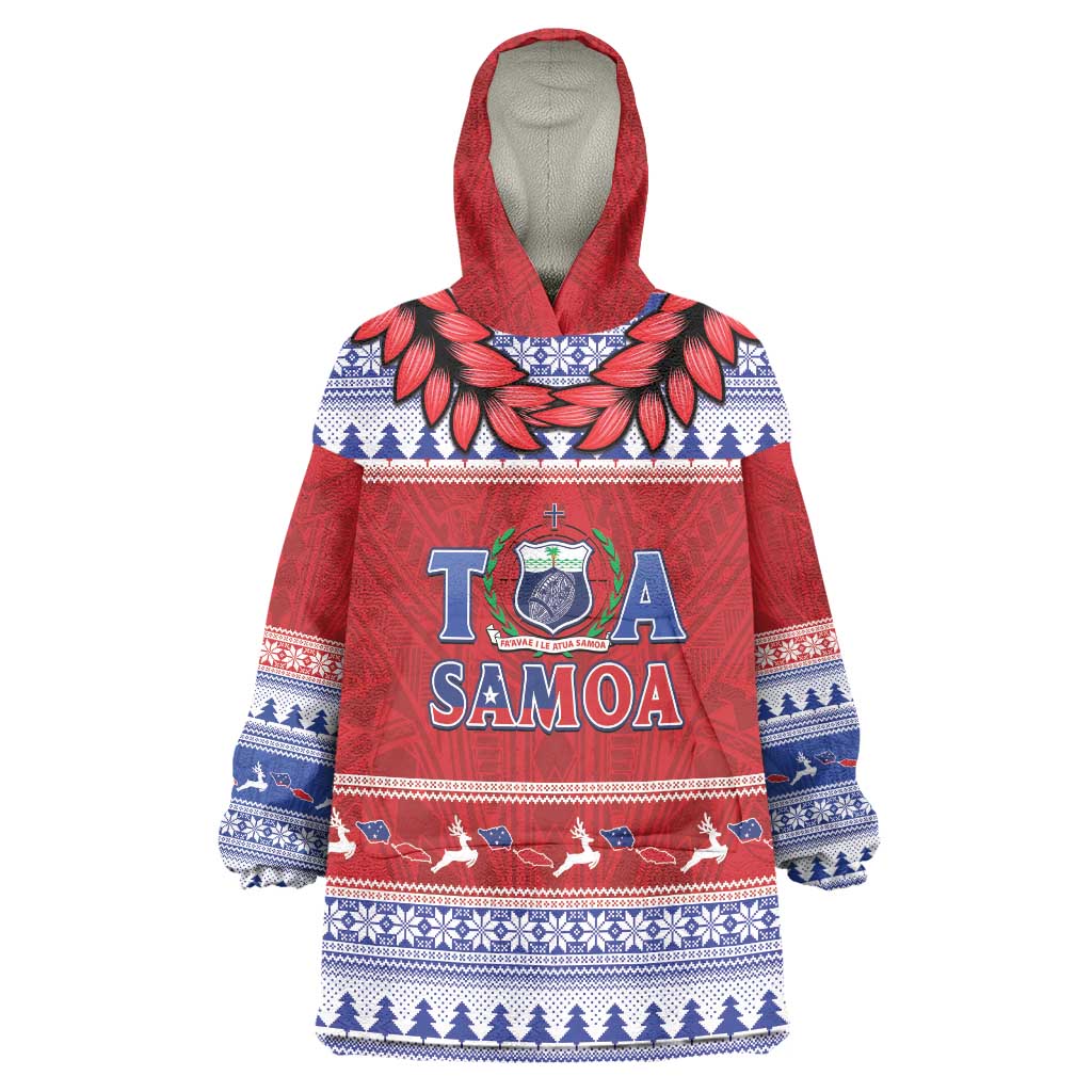 Personalised Toa Samoa Rugby Christmas Wearable Blanket Hoodie Ula Fala Samoan Pattern Red - Polynesian Pride