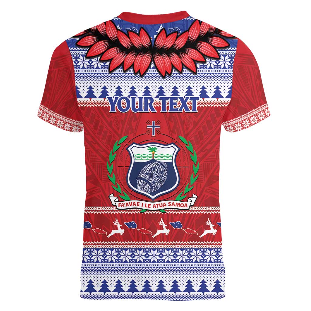 Personalised Toa Samoa Rugby Christmas Women V-Neck T-Shirt Ula Fala Samoan Pattern Red - Polynesian Pride